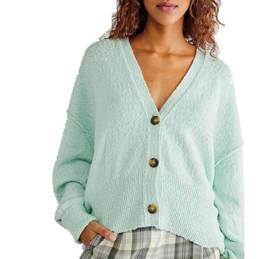 Free People | Found My Friend Textured Knit Oversized Cardigan Ocean Lily Size L